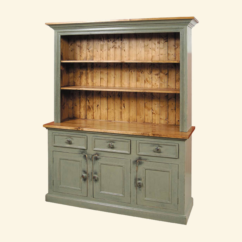 French Country 3 Door Open Shelf Stepback Cupboard painted Sage Green