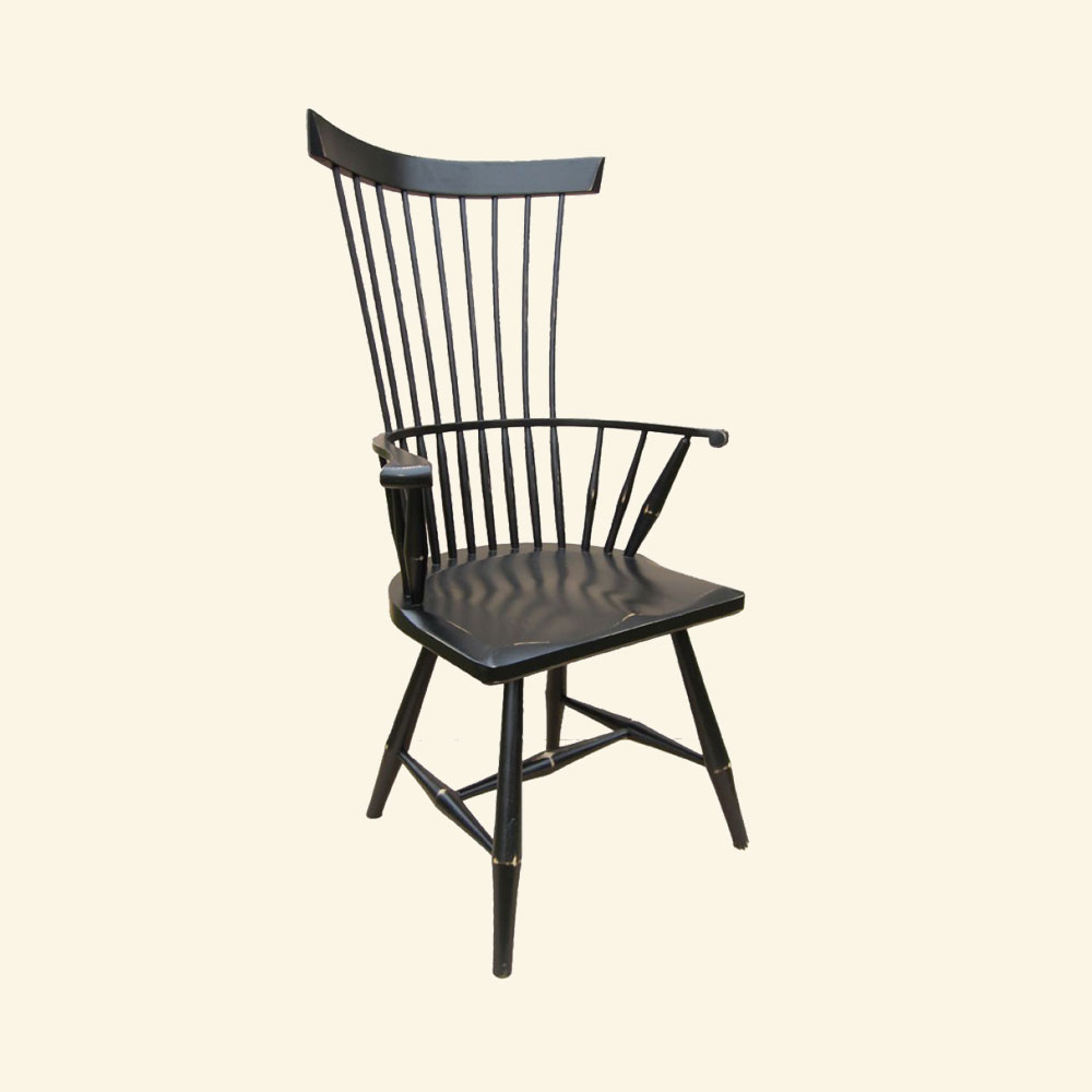 French Country Fan Back Arm Chair, Black paint