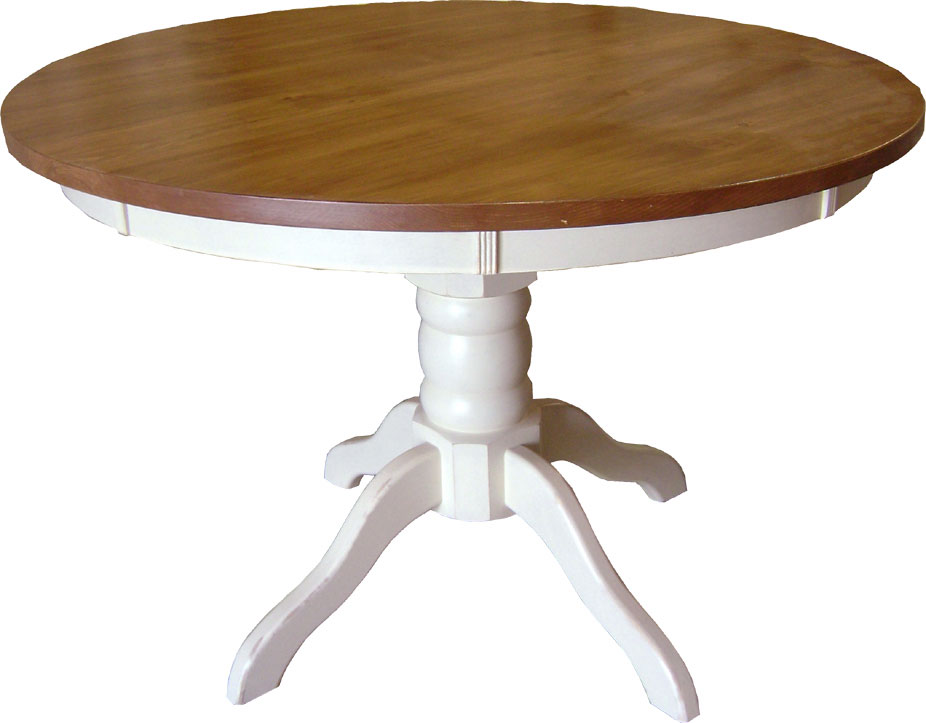 French Country 48 inch Round Pedestal Table, Stained Pine Top, Painted White