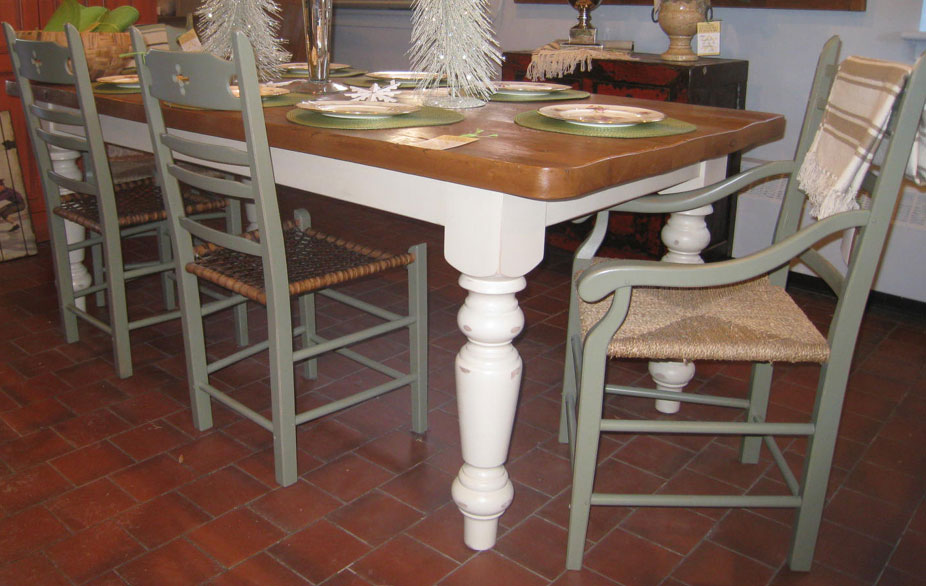 French Country Farm Table, Champlain White with Vintage Pine top