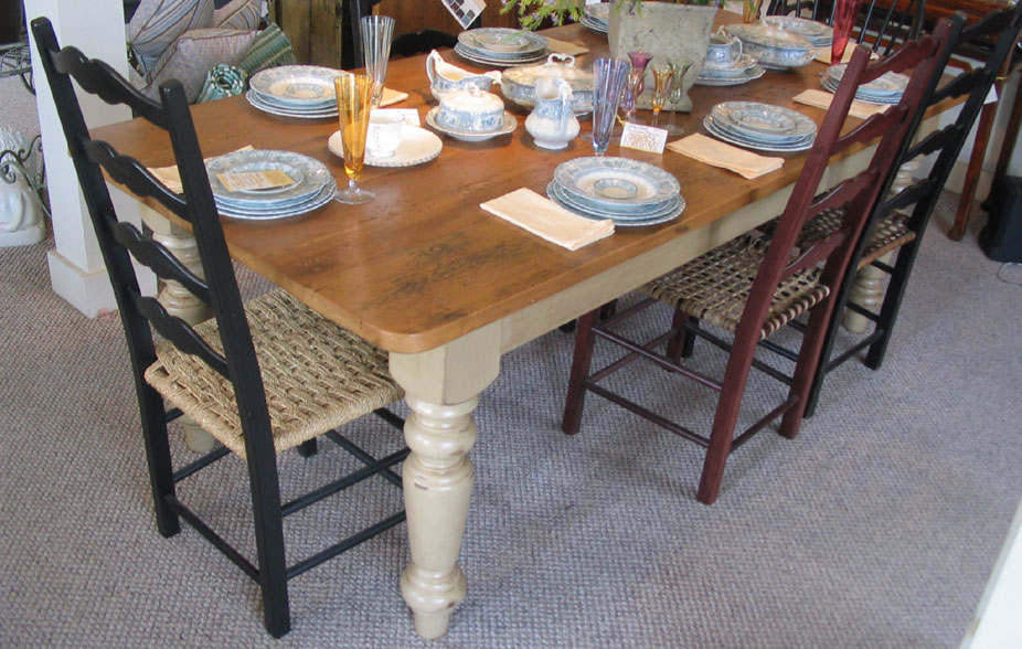 French Country Farm Table, Vintage Pine Top, Painted Millstone