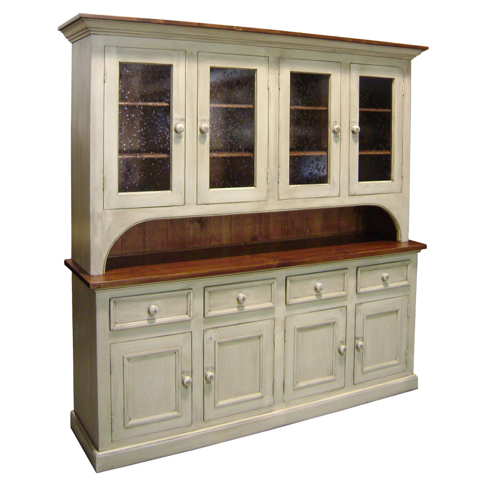 French Country Four Glass Door Stepback Cupboard, Painted White with Glaze