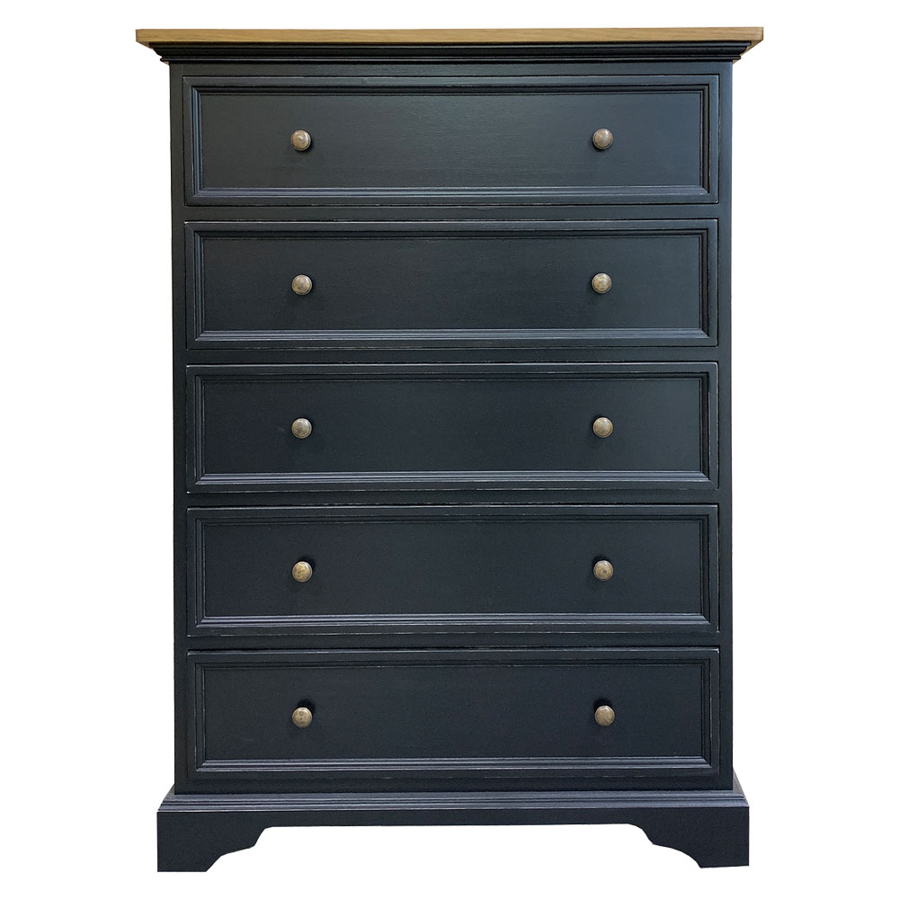 French Country Five Drawer Tall Dresser, Black, Front View