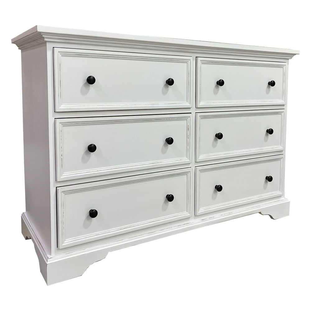 French Country Six Drawer Dresser, painted bright white