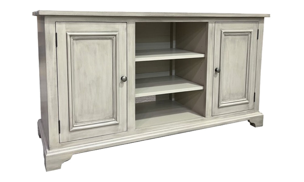 French Country TV Stand with Doors, Silver Glaze