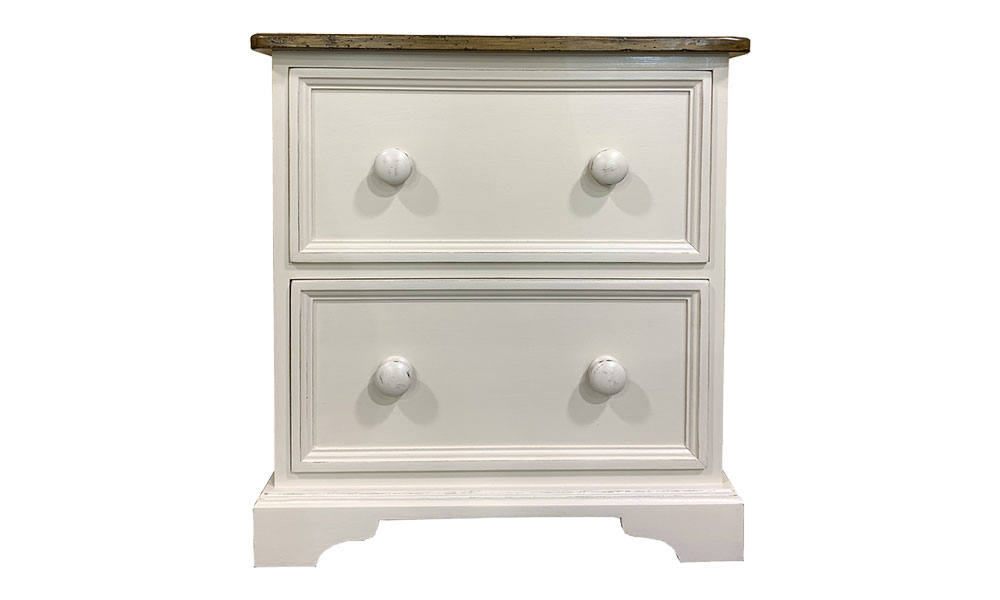 French Country Two Drawer End Table, White Front View